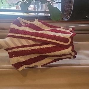 Short sleeve Vintage crochet Vest poncho scallop edge homemade Striped Burgundy